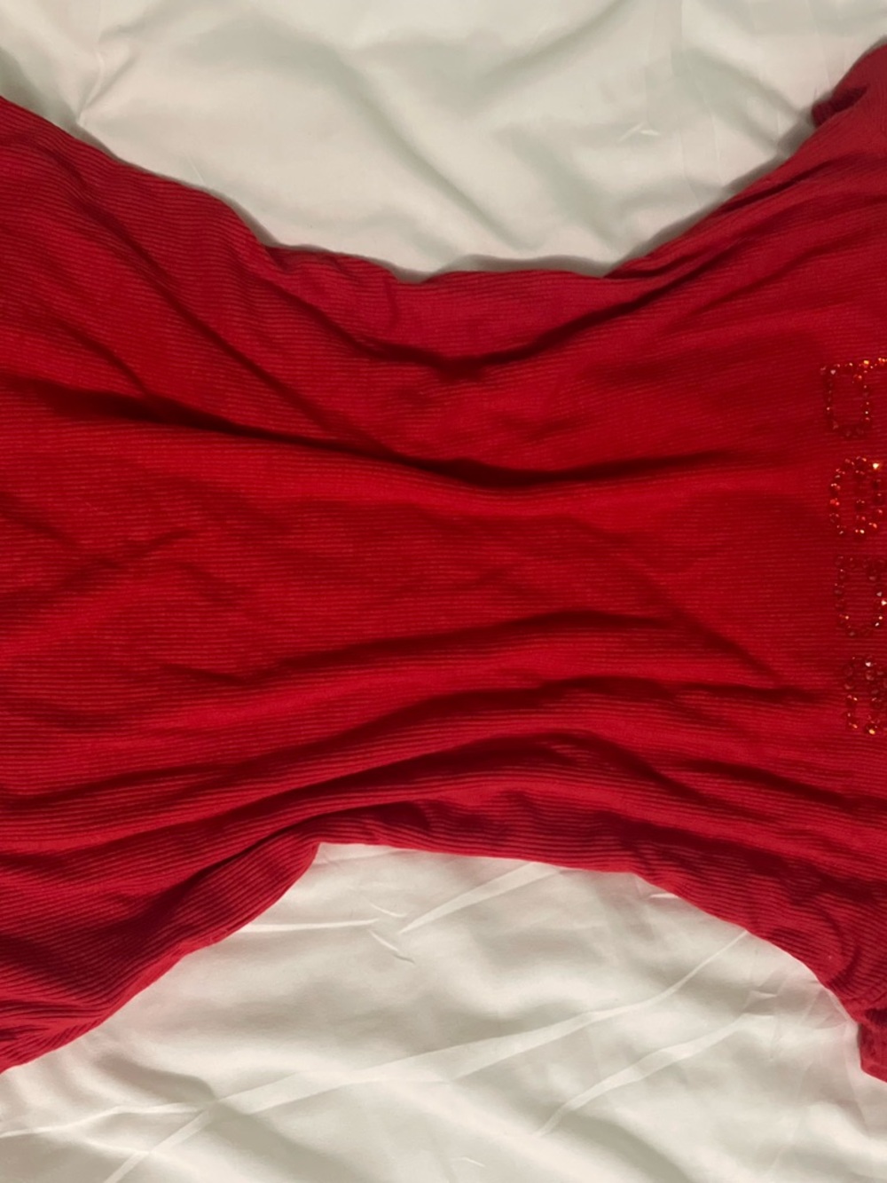 bebe Red Ribbed Short Sleeve Top with Embellished Logo